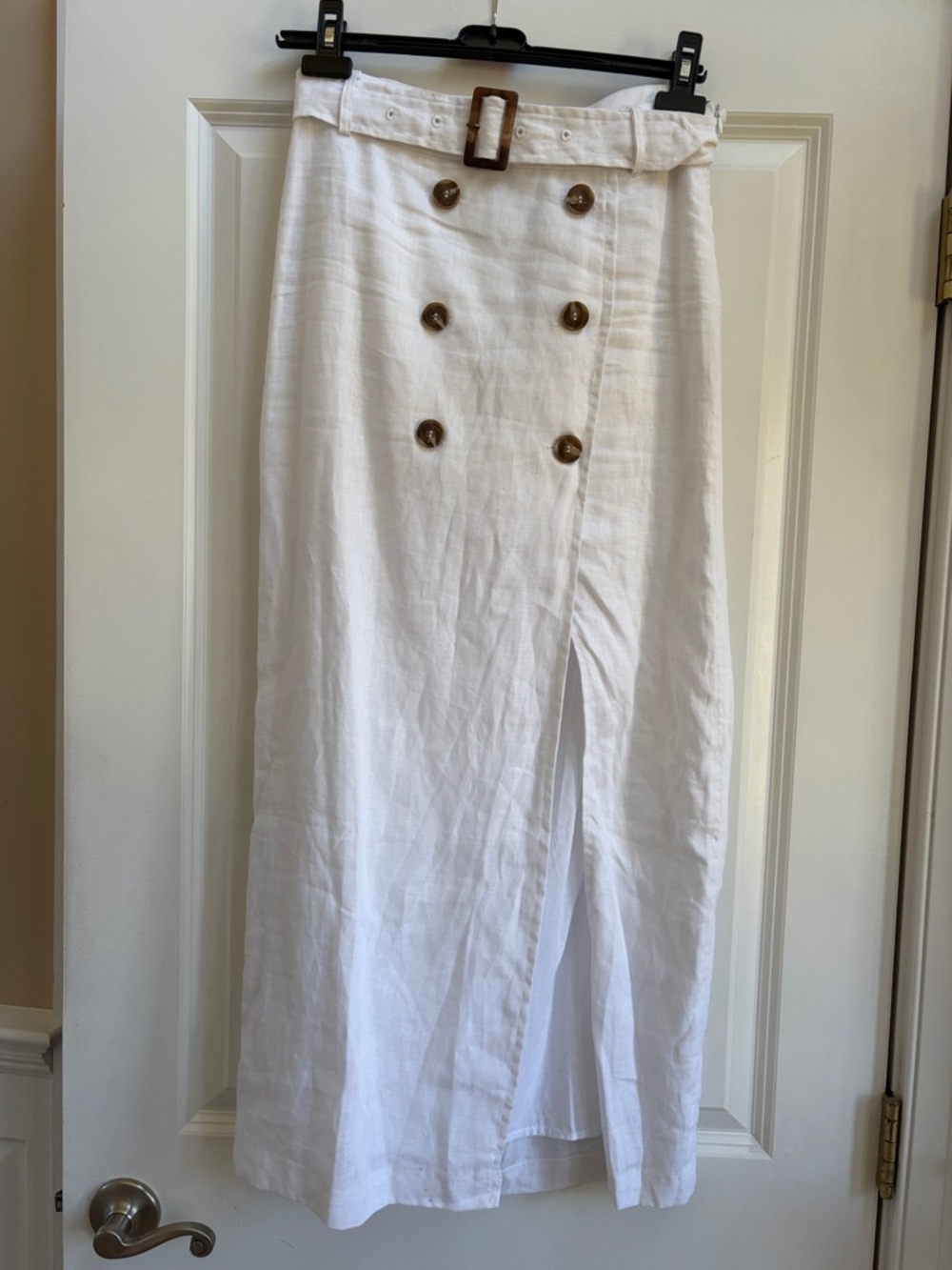 Olivaceous White Double-Breasted Linen Maxi Skirt with Belt